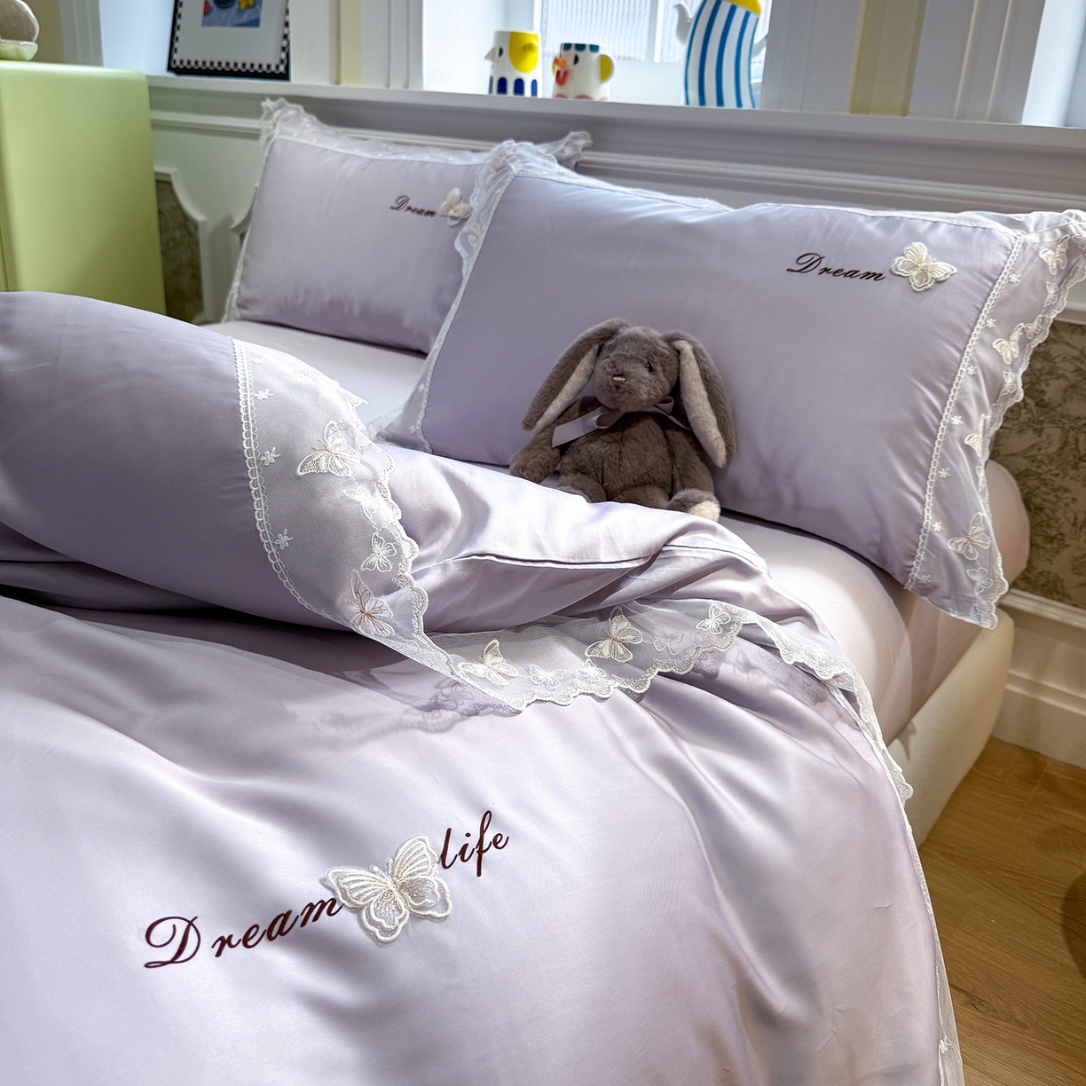 91家纺网 家纺一手货源 找家纺 繁花家居 2026春夏新款冰丝蝴蝶系列凉感蕾丝花边公主风四件套-浅夏 浅夏-紫