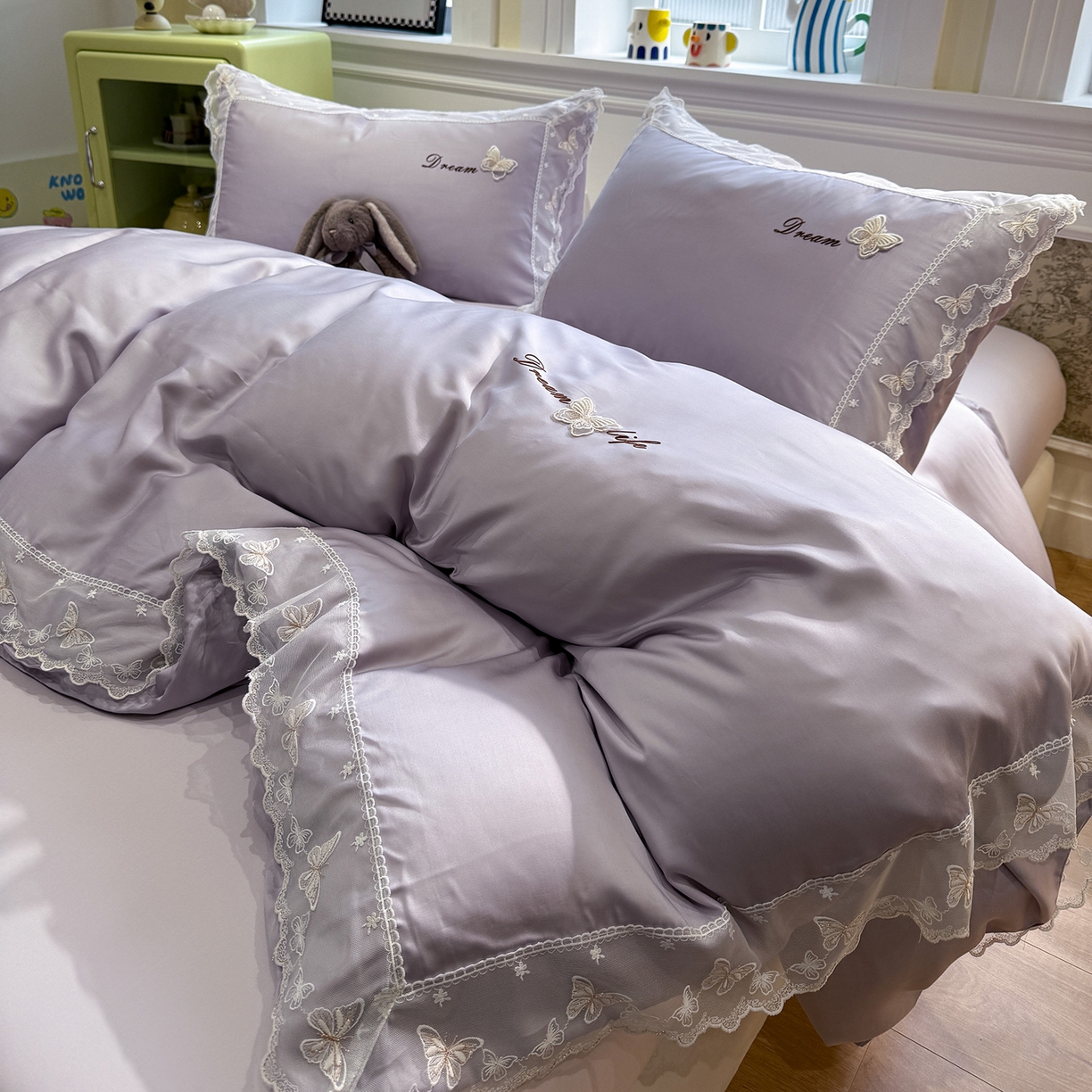 91家纺网 家纺一手货源 找家纺 繁花家居 2026春夏新款冰丝蝴蝶系列凉感蕾丝花边公主风四件套-浅夏 浅夏-紫