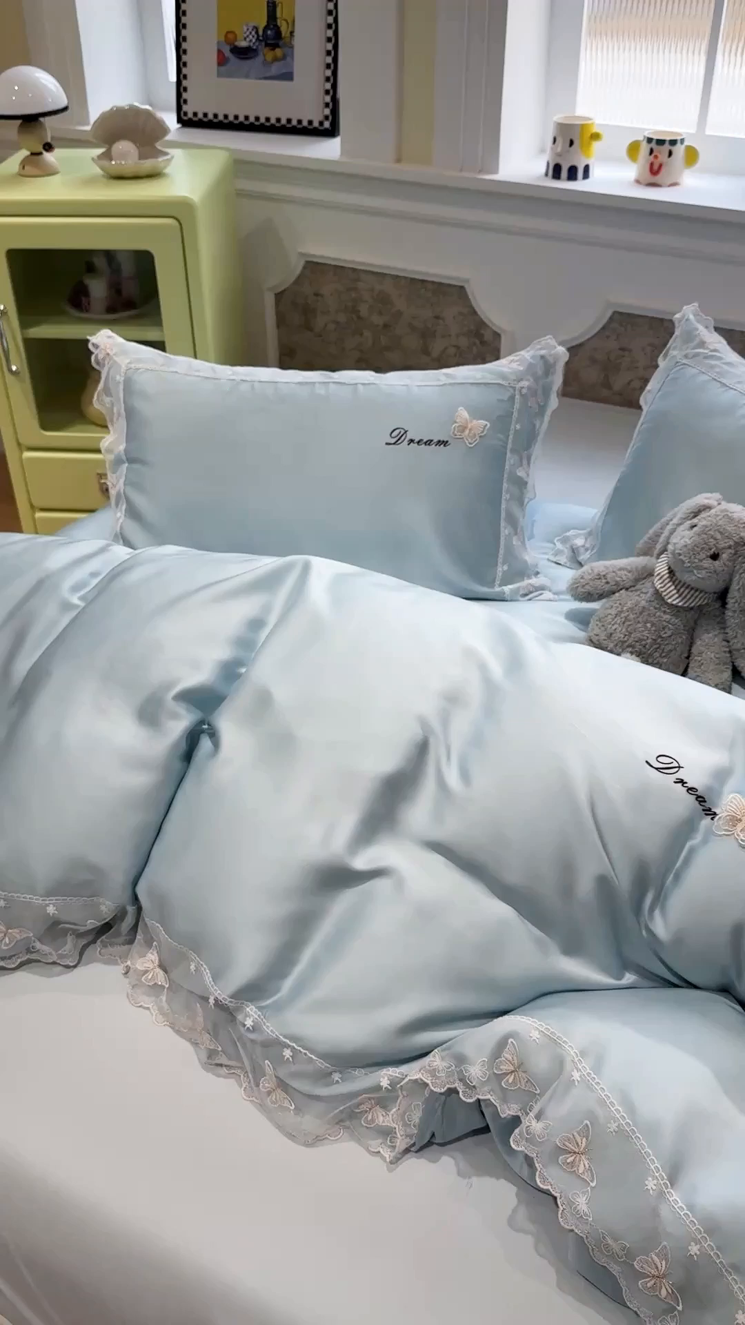 91家纺网 家纺一手货源 找家纺 繁花家居 2026春夏新款冰丝蝴蝶系列凉感蕾丝花边公主风四件套-浅夏 浅夏-蓝