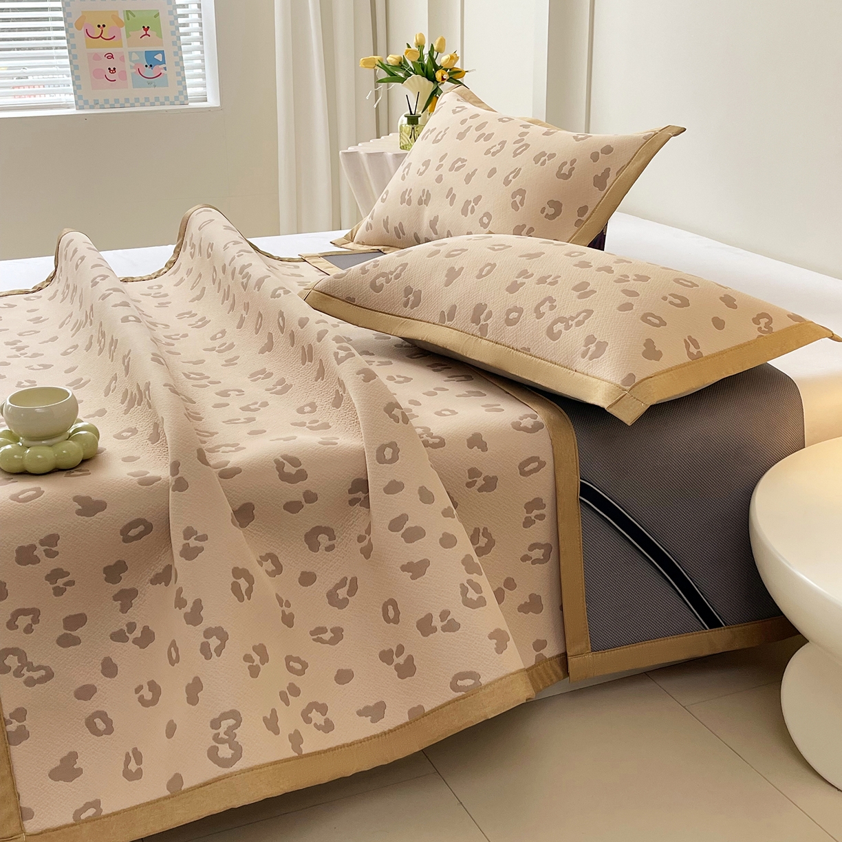 91家纺网 家纺一手货源 找家纺 莱米家纺 2026新款复合冰豆豆凉席席子凉席-豹纹 豹纹—深咖