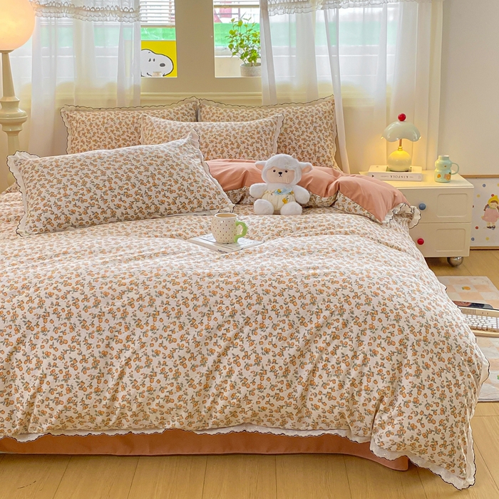 91家纺网 家纺一手货源 找家纺 豫见家纺 2026新款A类仿棉云感纱花边四件套 芊芊花海