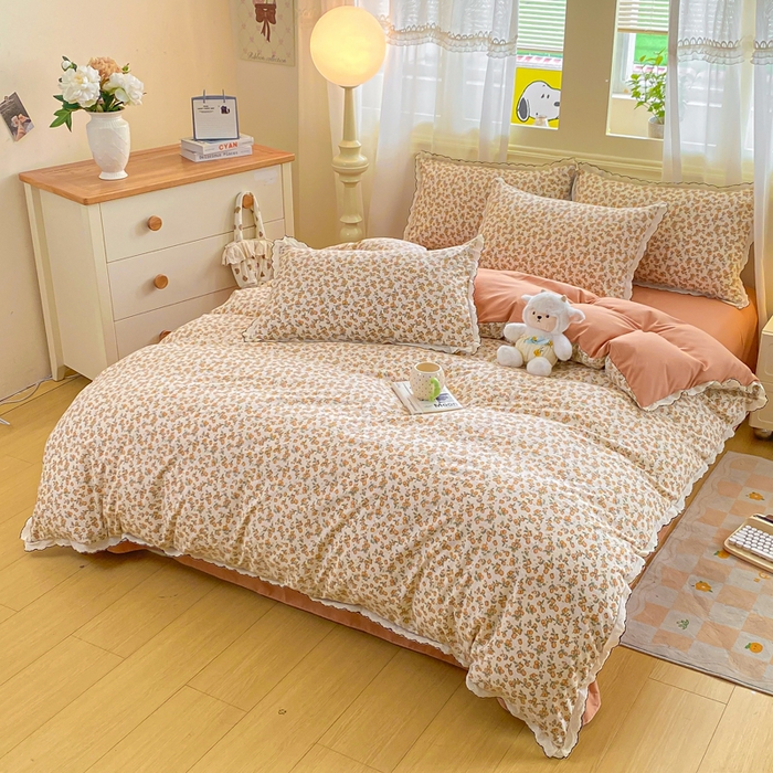 91家纺网 家纺一手货源 找家纺 豫见家纺 2026新款A类仿棉云感纱花边四件套 芊芊花海