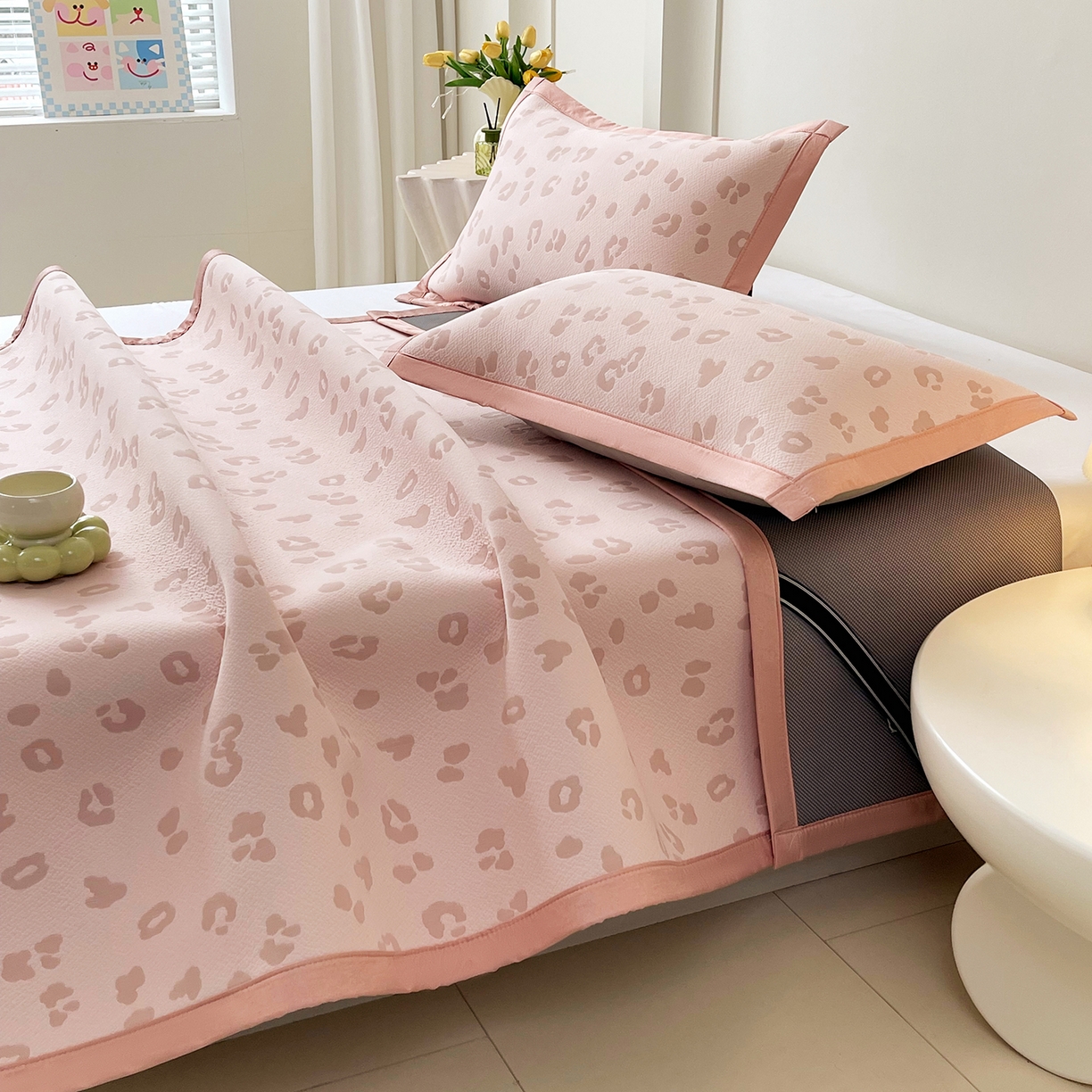 91家纺网 家纺一手货源 找家纺 莱米家纺 2026新款复合冰豆豆凉席席子凉席-豹纹 豹纹—蜜桃粉