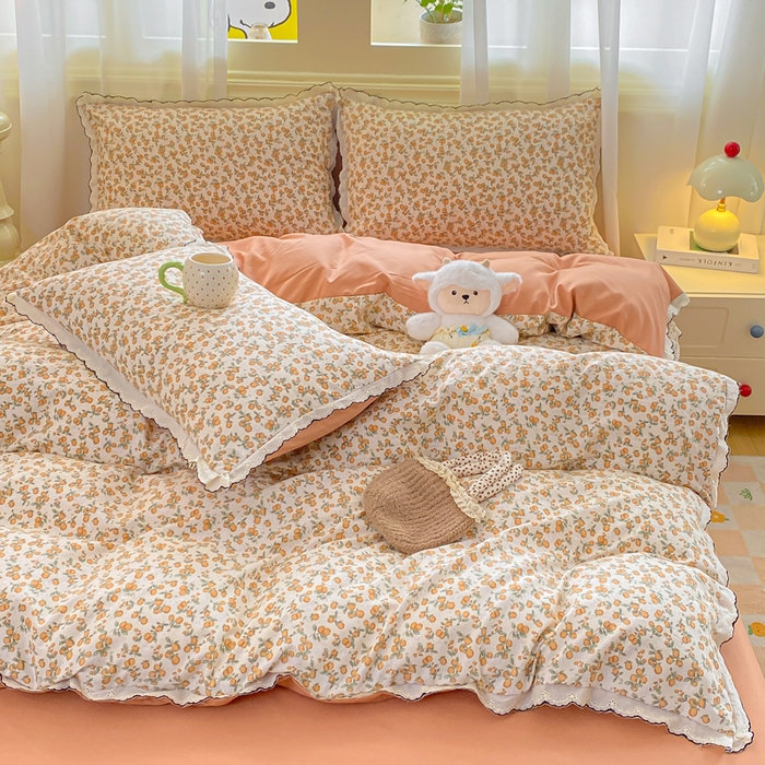 91家纺网 家纺一手货源 找家纺 豫见家纺 2026新款A类仿棉云感纱花边四件套 芊芊花海