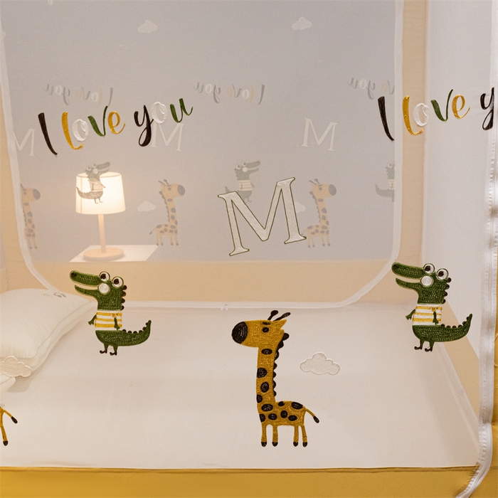 91家纺网 家纺一手货源 找家纺 飞轮海蚊帐 2026春夏新款卡通毛巾绣坐床蚊帐-Z79刺绣款 长颈鹿与鳄鱼