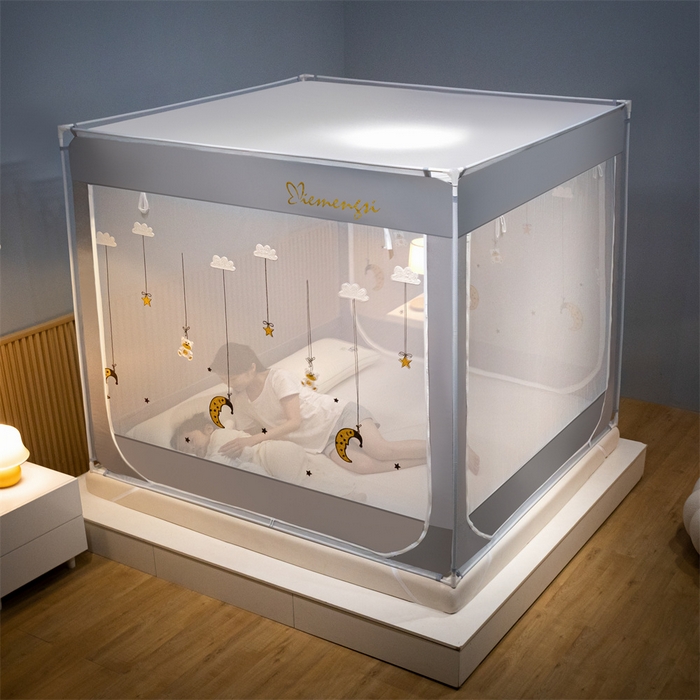 91家纺网 家纺一手货源 找家纺 飞轮海蚊帐 2026春夏新款卡通毛巾绣坐床蚊帐-Z79刺绣款 晚安月亮熊