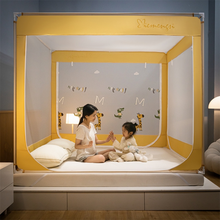 91家纺网 家纺一手货源 找家纺 飞轮海蚊帐 2026春夏新款卡通毛巾绣坐床蚊帐-Z79刺绣款 长颈鹿与鳄鱼