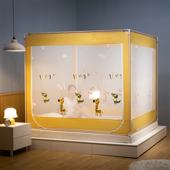 91家纺网 家纺一手货源 找家纺 飞轮海蚊帐 2026春夏新款卡通毛巾绣坐床蚊帐-Z79刺绣款 长颈鹿与鳄鱼