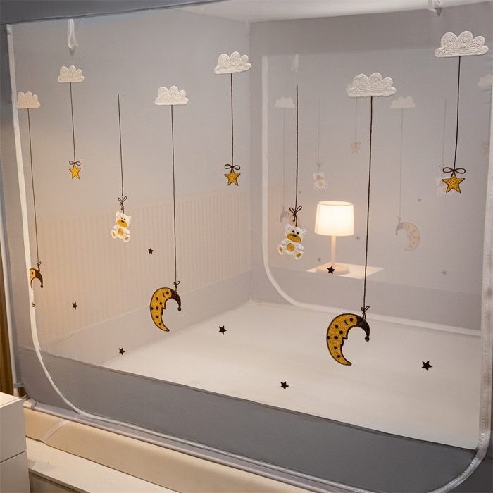 91家纺网 家纺一手货源 找家纺 飞轮海蚊帐 2026春夏新款卡通毛巾绣坐床蚊帐-Z79刺绣款 晚安月亮熊