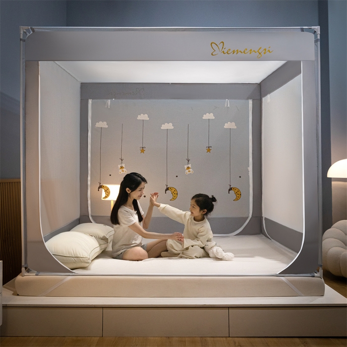 91家纺网 家纺一手货源 找家纺 飞轮海蚊帐 2026春夏新款卡通毛巾绣坐床蚊帐-Z79刺绣款 晚安月亮熊