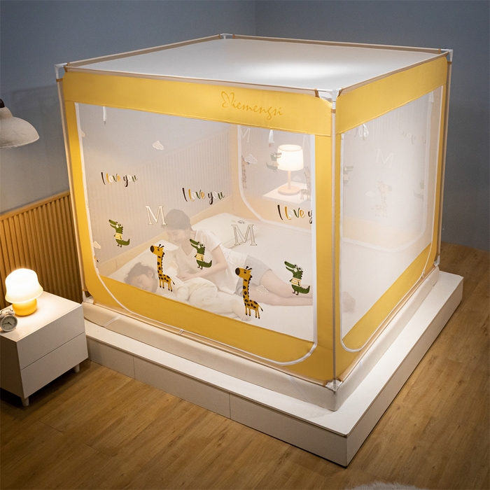 91家纺网 家纺一手货源 找家纺 飞轮海蚊帐 2026春夏新款卡通毛巾绣坐床蚊帐-Z79刺绣款 长颈鹿与鳄鱼