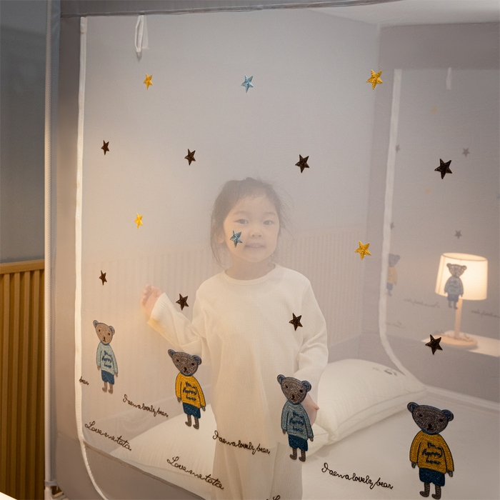 91家纺网 家纺一手货源 找家纺 飞轮海蚊帐 2026春夏新款卡通毛巾绣坐床蚊帐-Z79刺绣款 布偶小熊