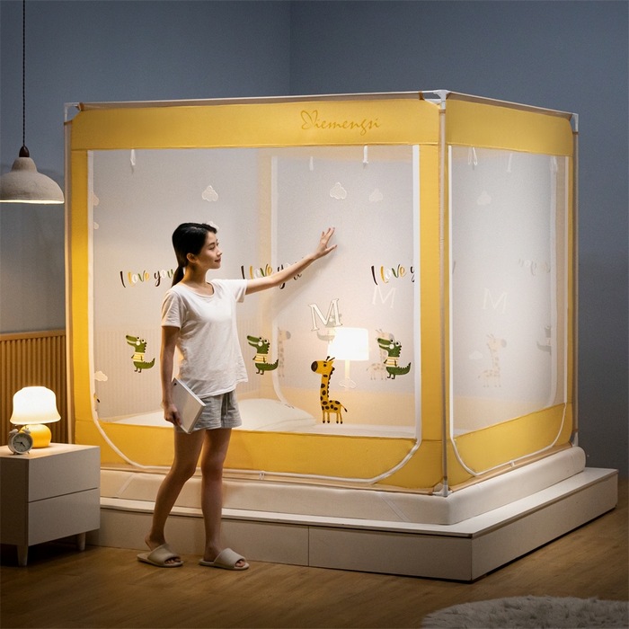 91家纺网 家纺一手货源 找家纺 飞轮海蚊帐 2026春夏新款卡通毛巾绣坐床蚊帐-Z79刺绣款 长颈鹿与鳄鱼