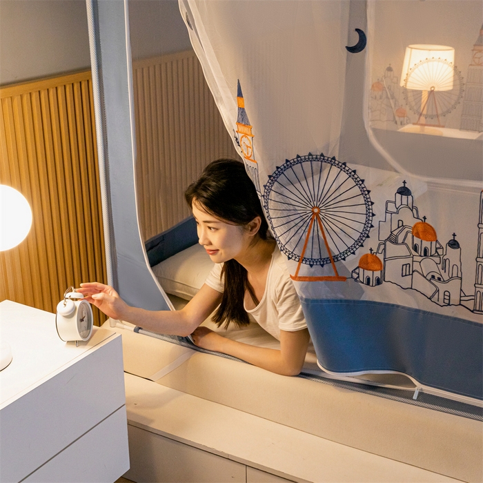 91家纺网 家纺一手货源 找家纺 飞轮海蚊帐 2026春夏新款卡通毛巾绣坐床蚊帐-Z79刺绣款 摩天轮