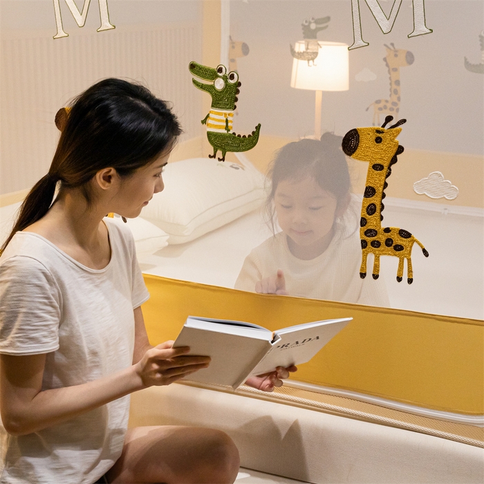 91家纺网 家纺一手货源 找家纺 飞轮海蚊帐 2026春夏新款卡通毛巾绣坐床蚊帐-Z79刺绣款 长颈鹿与鳄鱼