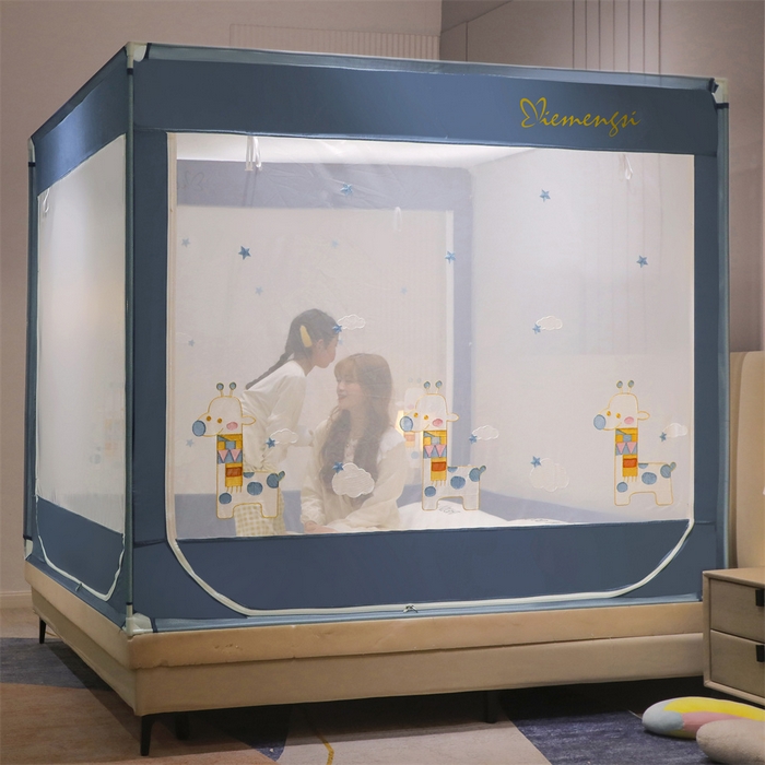 91家纺网 家纺一手货源 找家纺 飞轮海蚊帐 2026春夏新款卡通毛巾绣坐床蚊帐-Z79刺绣款 彩色小鹿（宾利蓝）