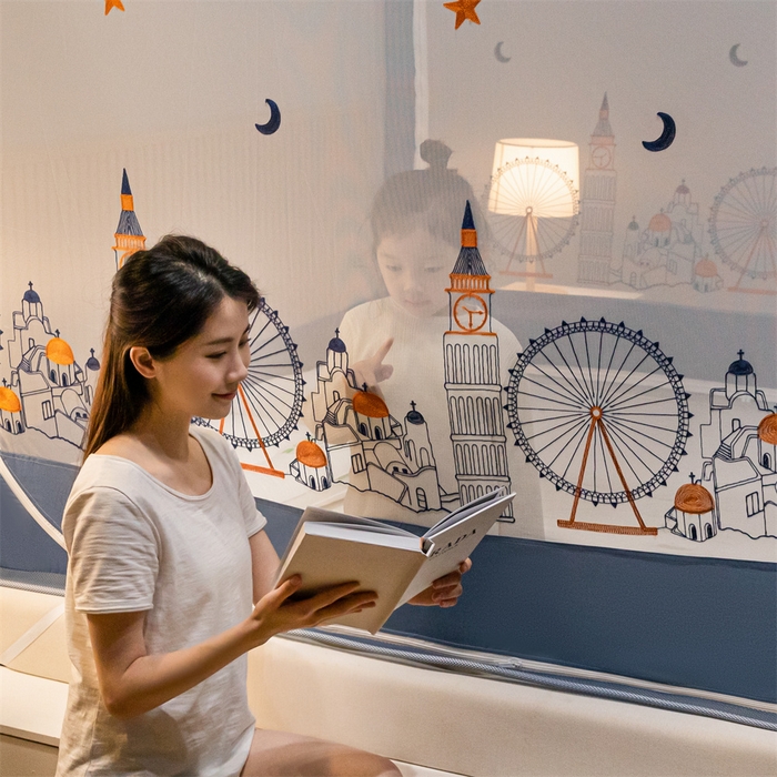 91家纺网 家纺一手货源 找家纺 飞轮海蚊帐 2026春夏新款卡通毛巾绣坐床蚊帐-Z79刺绣款 摩天轮