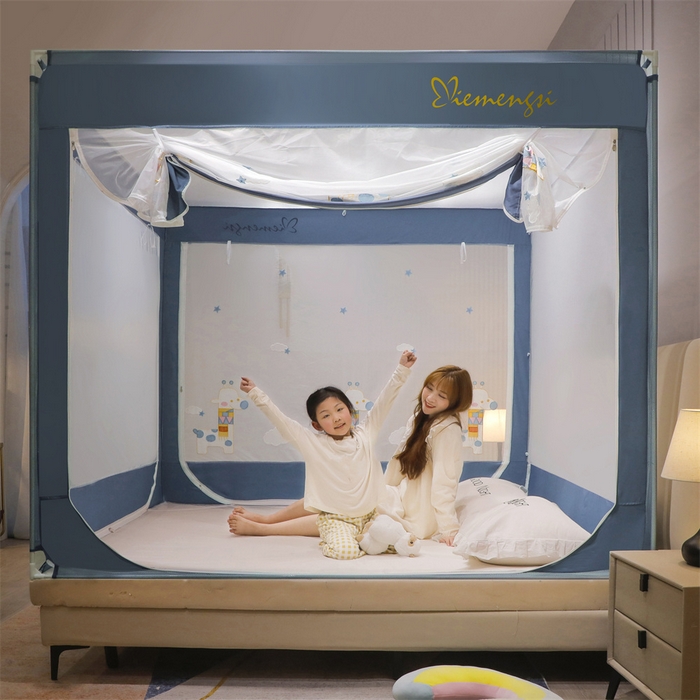 91家纺网 家纺一手货源 找家纺 飞轮海蚊帐 2026春夏新款卡通毛巾绣坐床蚊帐-Z79刺绣款 彩色小鹿（宾利蓝）