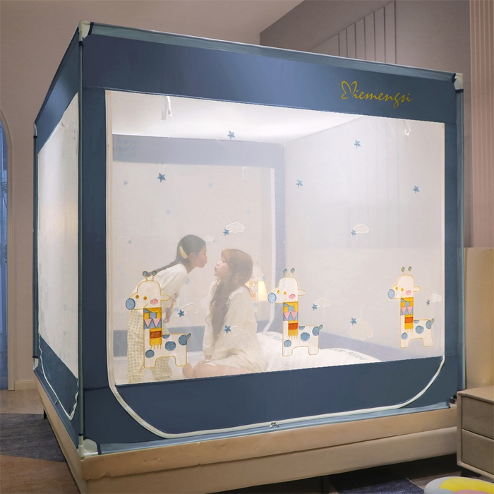 91家纺网 家纺一手货源 找家纺 飞轮海蚊帐 2026春夏新款卡通毛巾绣坐床蚊帐-Z79刺绣款 彩色小鹿（宾利蓝）