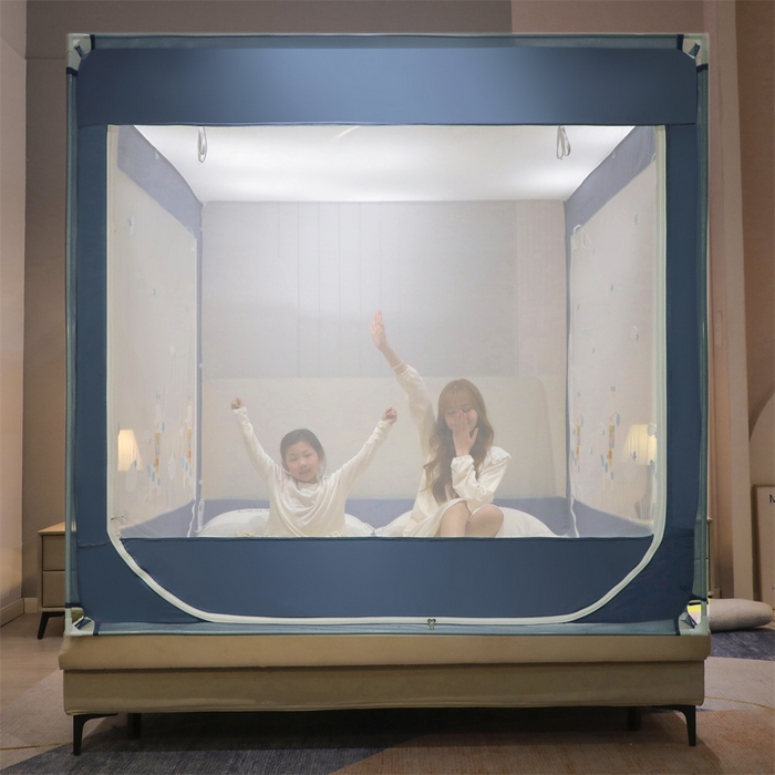 91家纺网 家纺一手货源 找家纺 飞轮海蚊帐 2026春夏新款卡通毛巾绣坐床蚊帐-Z79刺绣款 彩色小鹿（宾利蓝）