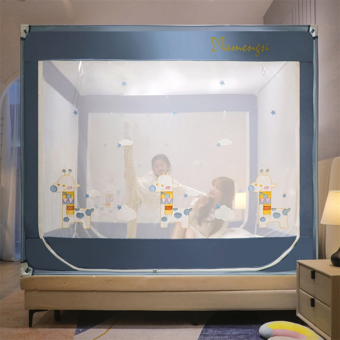 91家纺网 家纺一手货源 找家纺 飞轮海蚊帐 2026春夏新款卡通毛巾绣坐床蚊帐-Z79刺绣款 彩色小鹿（宾利蓝）