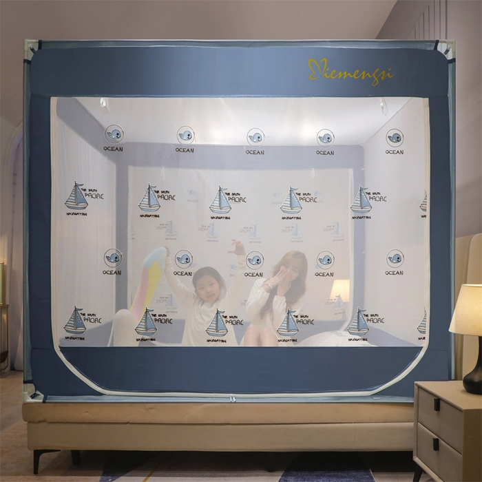 91家纺网 家纺一手货源 找家纺 飞轮海蚊帐 2026春夏新款卡通毛巾绣坐床蚊帐-Z79刺绣款 鲸鱼于帆船