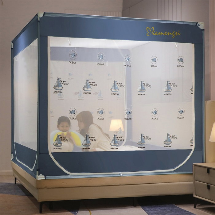 91家纺网 家纺一手货源 找家纺 飞轮海蚊帐 2026春夏新款卡通毛巾绣坐床蚊帐-Z79刺绣款 鲸鱼于帆船