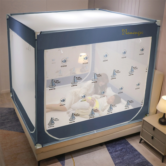 91家纺网 家纺一手货源 找家纺 飞轮海蚊帐 2026春夏新款卡通毛巾绣坐床蚊帐-Z79刺绣款 鲸鱼于帆船