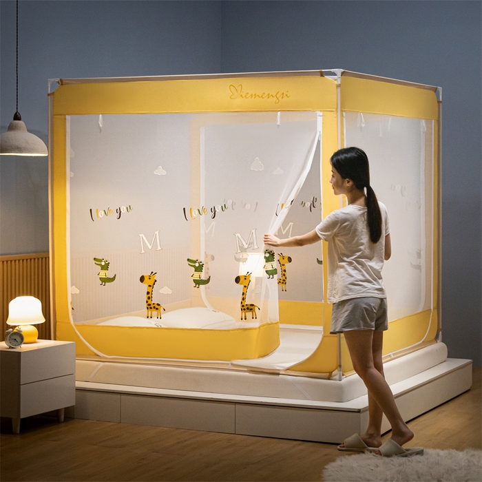 91家纺网 家纺一手货源 找家纺 飞轮海蚊帐 2026春夏新款卡通毛巾绣坐床蚊帐-Z79刺绣款 长颈鹿与鳄鱼