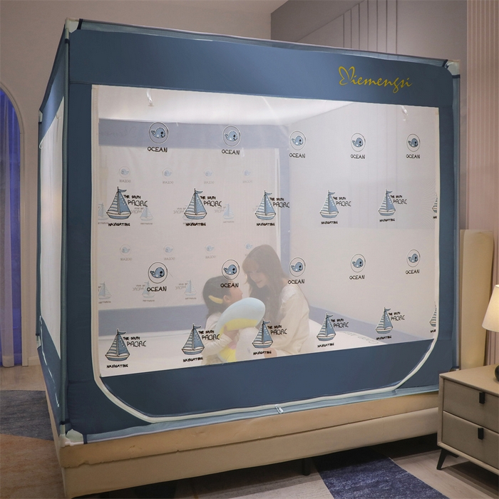 91家纺网 家纺一手货源 找家纺 飞轮海蚊帐 2026春夏新款卡通毛巾绣坐床蚊帐-Z79刺绣款 鲸鱼于帆船