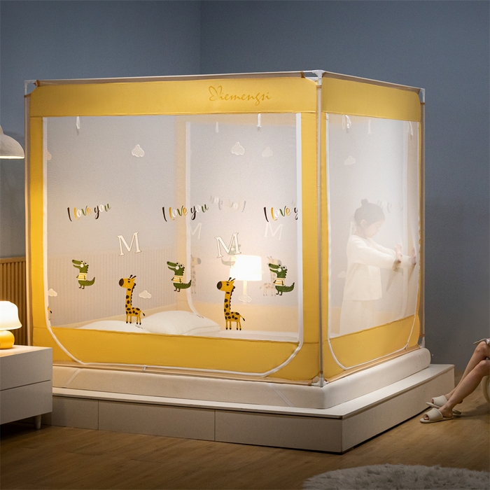 91家纺网 家纺一手货源 找家纺 飞轮海蚊帐 2026春夏新款卡通毛巾绣坐床蚊帐-Z79刺绣款 长颈鹿与鳄鱼