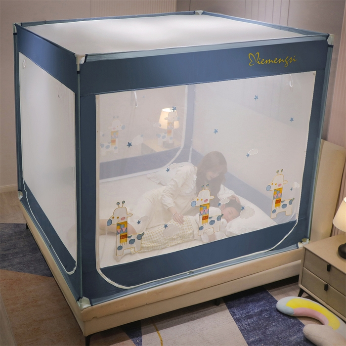 91家纺网 家纺一手货源 找家纺 飞轮海蚊帐 2026春夏新款卡通毛巾绣坐床蚊帐-Z79刺绣款 彩色小鹿（宾利蓝）