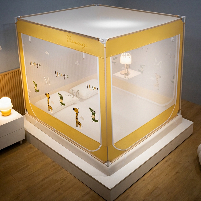 91家纺网 家纺一手货源 找家纺 飞轮海蚊帐 2026春夏新款卡通毛巾绣坐床蚊帐-Z79刺绣款 长颈鹿与鳄鱼