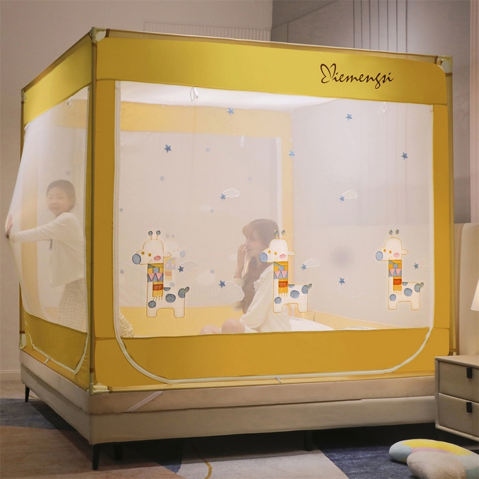 91家纺网 家纺一手货源 找家纺 飞轮海蚊帐 2026春夏新款卡通毛巾绣坐床蚊帐-Z79刺绣款 彩色小鹿（嫩黄）