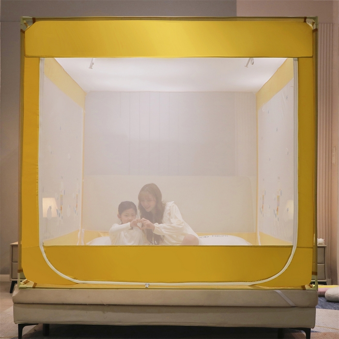 91家纺网 家纺一手货源 找家纺 飞轮海蚊帐 2026春夏新款卡通毛巾绣坐床蚊帐-Z79刺绣款 彩色小鹿（嫩黄）