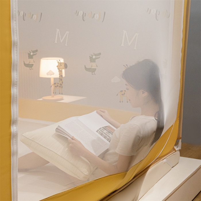 91家纺网 家纺一手货源 找家纺 飞轮海蚊帐 2026春夏新款卡通毛巾绣坐床蚊帐-Z79刺绣款 长颈鹿与鳄鱼