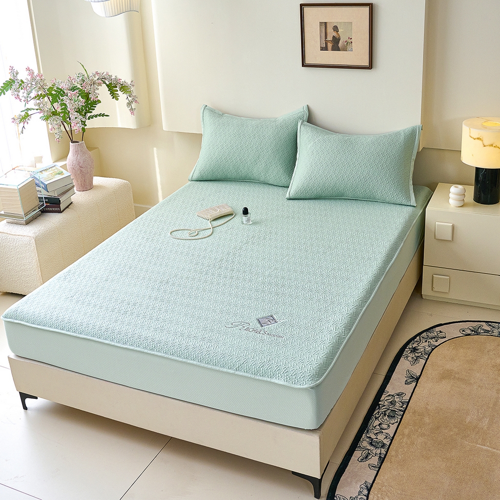 91家纺网 家纺一手货源 找家纺 莱家富 2026新款A类凉感冰豆豆席凉席三件套席子-床笠款 乐享生活-绿