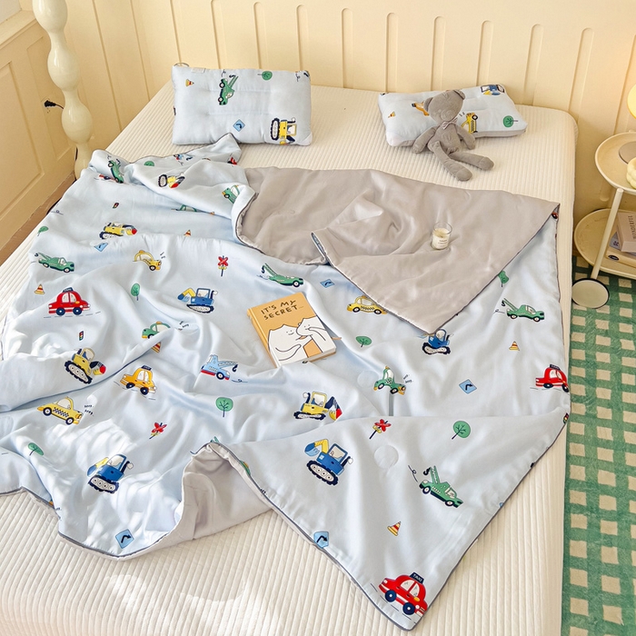 91家纺网 家纺一手货源 找家纺 十九色 2026春夏新款50莱赛尔卡通印花儿童夏被夏凉被空调被 汽车家族