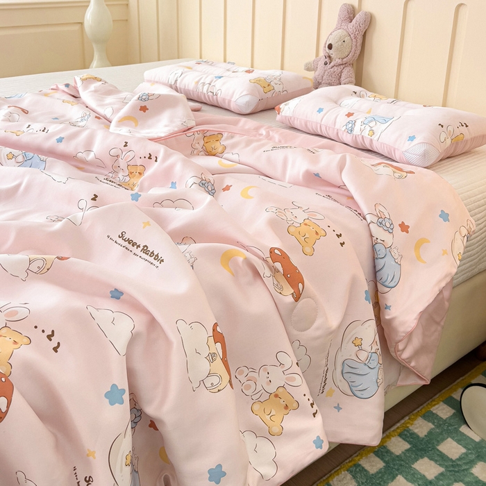 91家纺网 家纺一手货源 找家纺 十九色 2026春夏新款50莱赛尔卡通印花儿童夏被夏凉被空调被 瞌睡兔