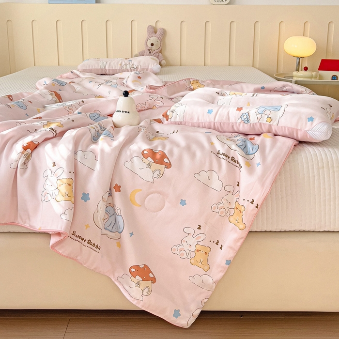 91家纺网 家纺一手货源 找家纺 十九色 2026春夏新款50莱赛尔卡通印花儿童夏被夏凉被空调被 瞌睡兔