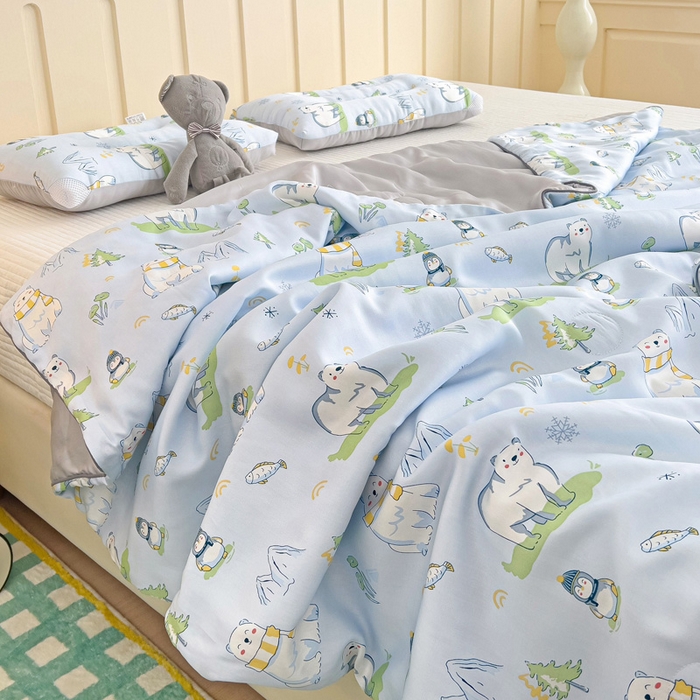 91家纺网 家纺一手货源 找家纺 十九色 2026春夏新款50莱赛尔卡通印花儿童夏被夏凉被空调被 北极熊