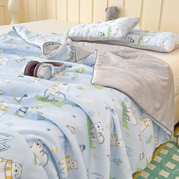 91家纺网 家纺一手货源 找家纺 十九色 2026春夏新款50莱赛尔卡通印花儿童夏被夏凉被空调被 北极熊