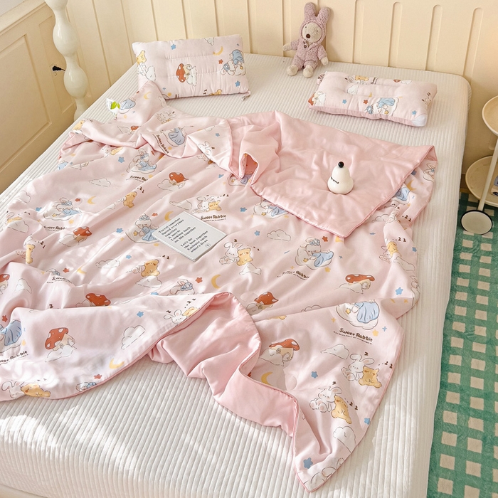 91家纺网 家纺一手货源 找家纺 十九色 2026春夏新款50莱赛尔卡通印花儿童夏被夏凉被空调被 瞌睡兔