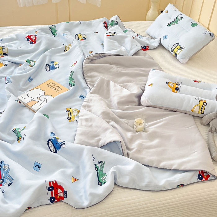 91家纺网 家纺一手货源 找家纺 十九色 2026春夏新款50莱赛尔卡通印花儿童夏被夏凉被空调被 汽车家族