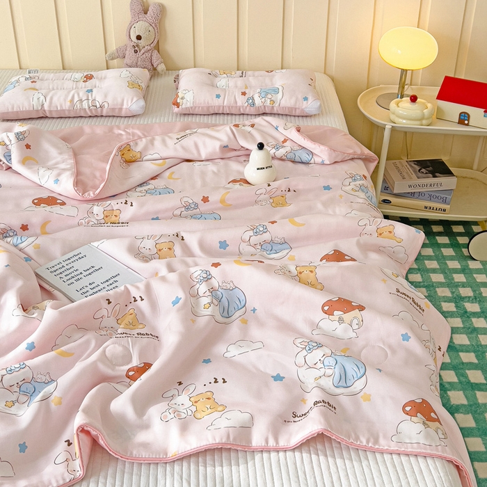 91家纺网 家纺一手货源 找家纺 十九色 2026春夏新款50莱赛尔卡通印花儿童夏被夏凉被空调被 瞌睡兔