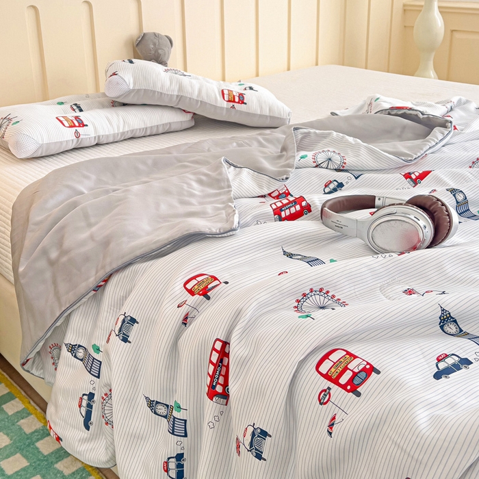 十九色 2026春夏新款50莱赛尔卡通印花儿童夏被夏凉被空调被 伦敦巴士