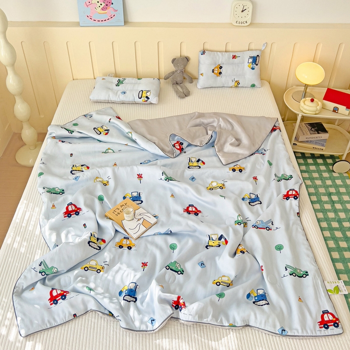 91家纺网 家纺一手货源 找家纺 十九色 2026春夏新款50莱赛尔卡通印花儿童夏被夏凉被空调被 汽车家族