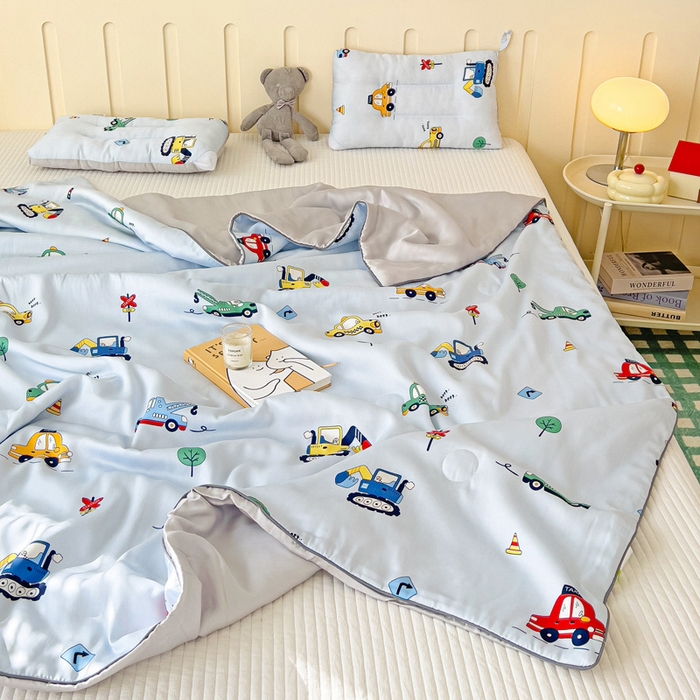 91家纺网 家纺一手货源 找家纺 十九色 2026春夏新款50莱赛尔卡通印花儿童夏被夏凉被空调被 汽车家族