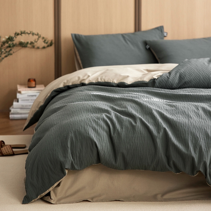 91家纺网 家纺一手货源 找家纺 （总）沐珩家纺 2026新款全棉波纹纱提花四件套-原木风