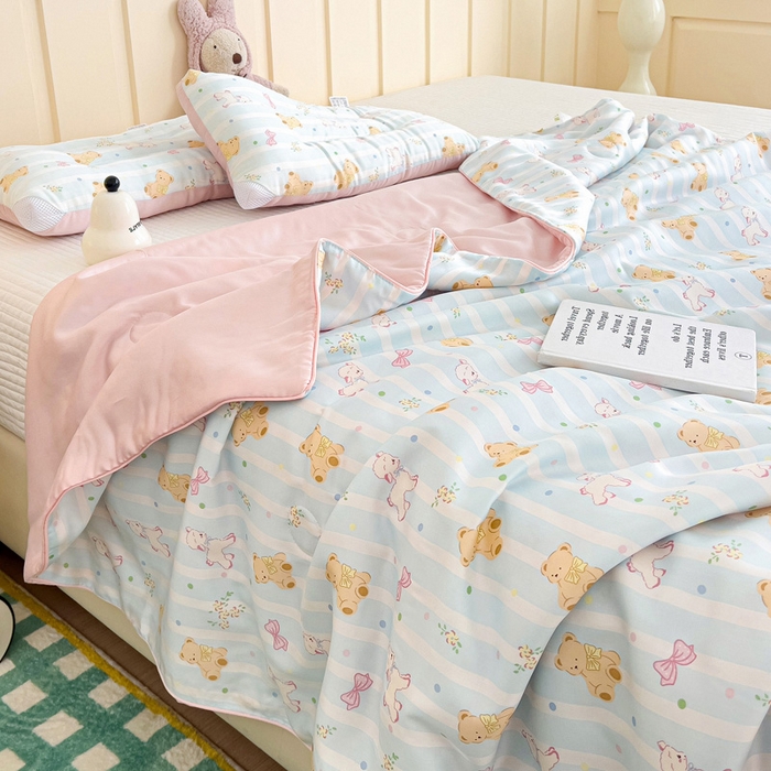 十九色 2026春夏新款50莱赛尔卡通印花儿童夏被夏凉被空调被 领结熊